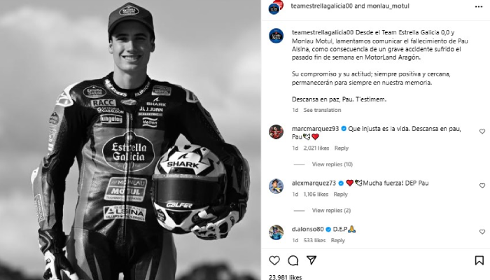 Pembalap muda asal Spanyol Paul Alsina meninggal dunia, dan ucapan duka cita dari rider motGP.