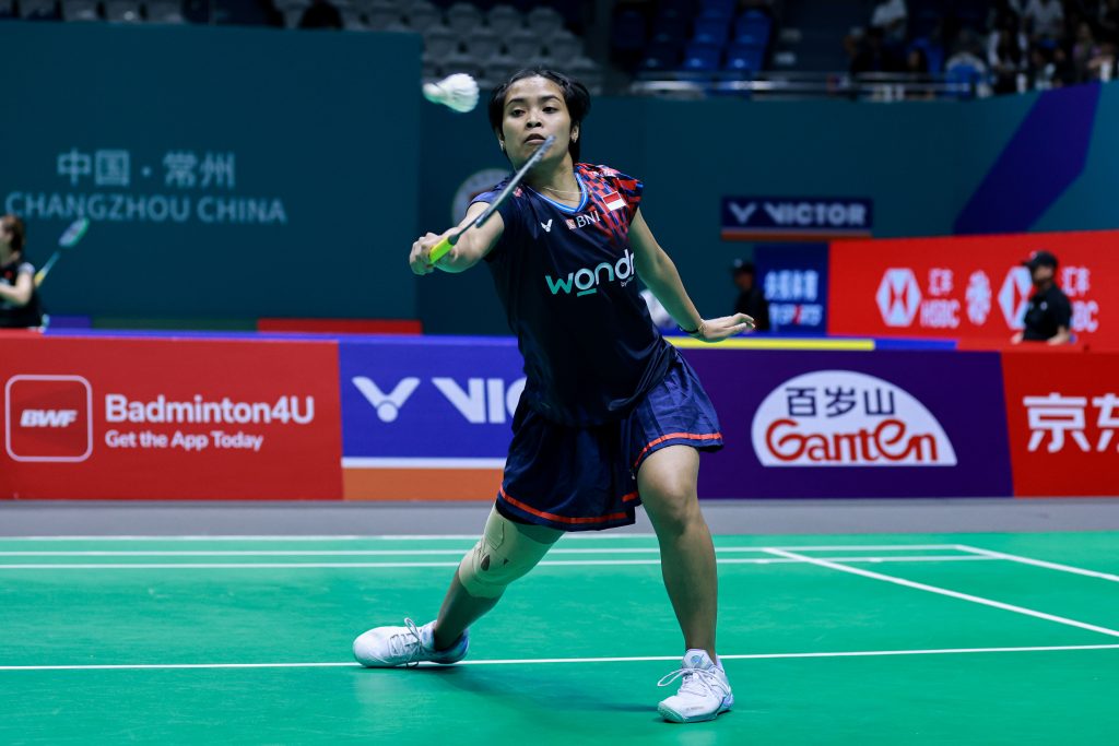 TAK MUDAH: Gregoria Mariska saat bertanding di ajang China Open, Jumat (25/7/2025).  &nbsp;