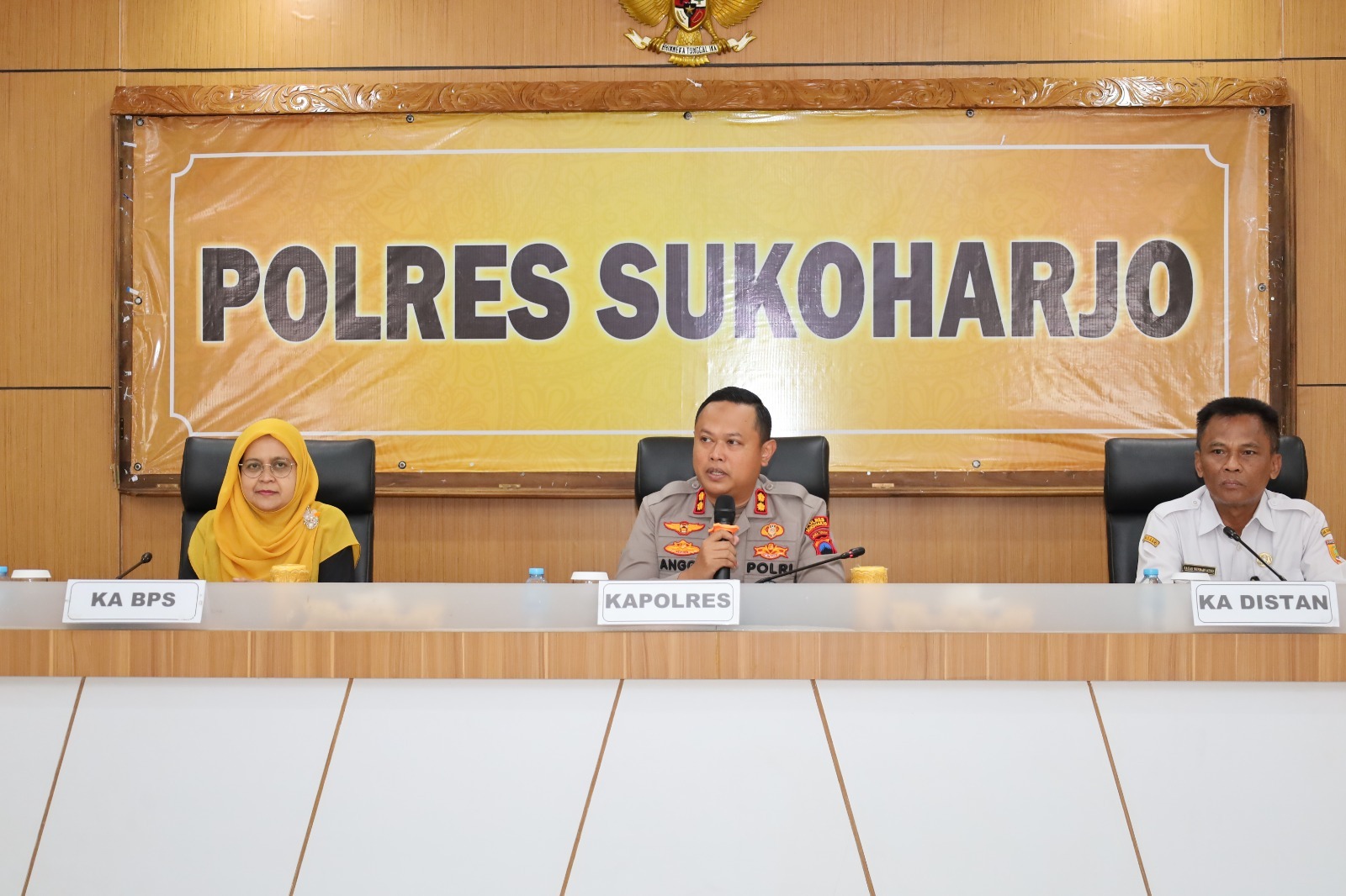 Rakor antara Kepala BPS Nurul Choiriyati, Kapolres Sukoharjo AKPB Anggaito Hadi Prabowo, serta Kepala Distankan Sukoharjo Bagas Windaryatno, Rabiu (20/7).
