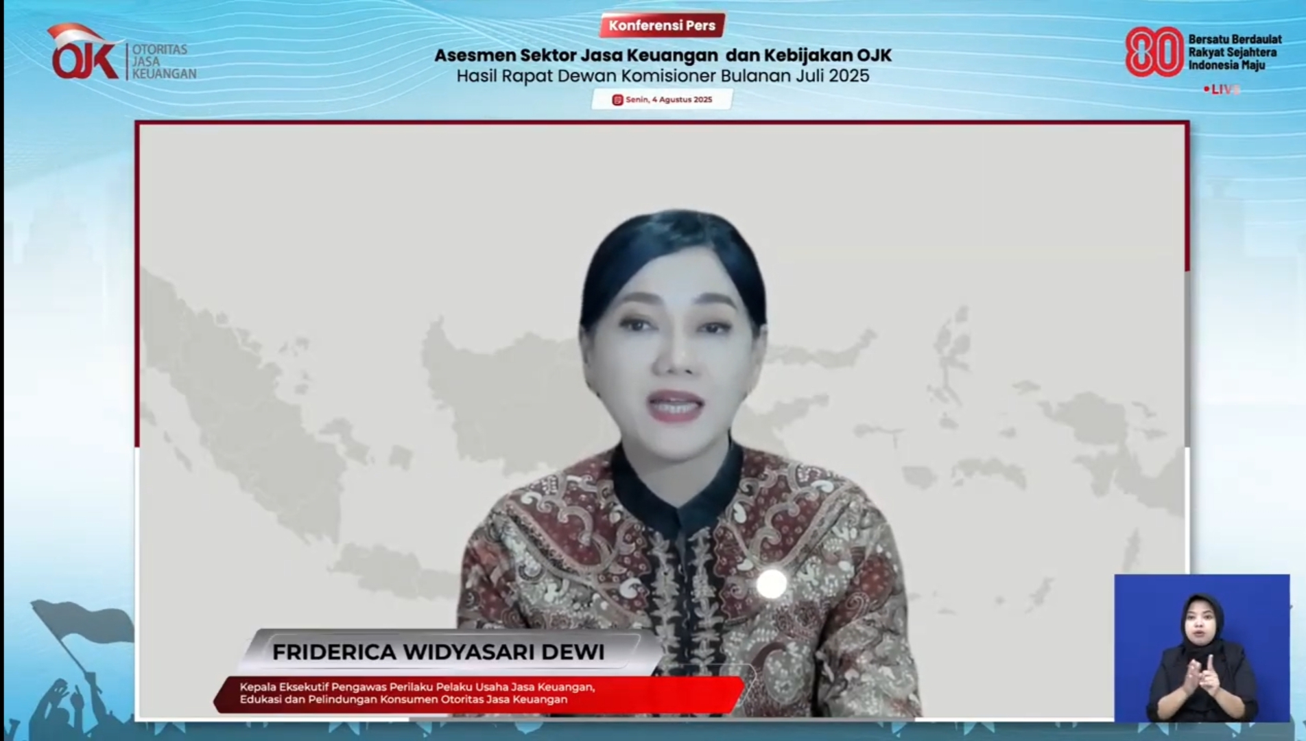 Kepala Eksekutif Pengawas Perilaku Pelaku Usaha Jasa Keuangan, Edukasi, dan Perlindungan Konsumen OJK Friderica Widyasari Dewi dalam konferensi pers secara daring.