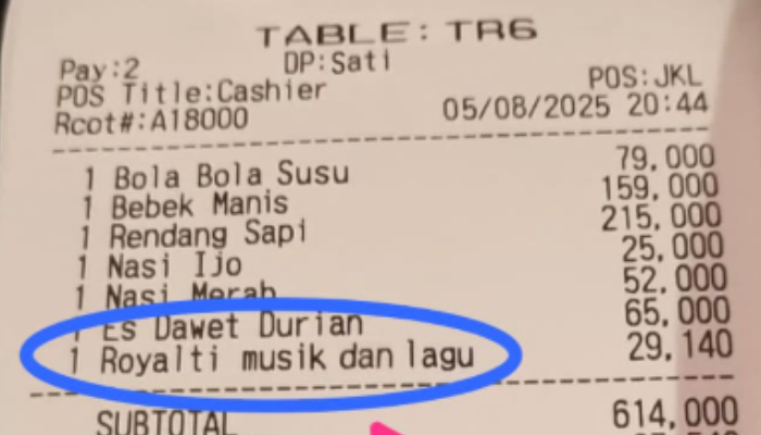 Viral foto struk makanan ada biaya royalti musik dan lagu.