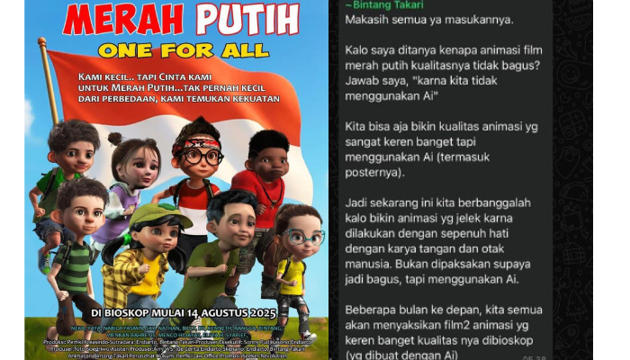 Sosok animator Bintang Takari ungkap alasan kualitas film Merah Putih: One for All kurang maksimal.