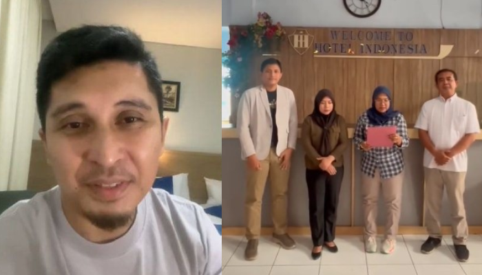 Rama Sahid (kiri), tamu hotel yang diusir. Manajemen Hotel Indonesia Syariah Pekalongan saat menyampaikan permohonan maaf (kanan).