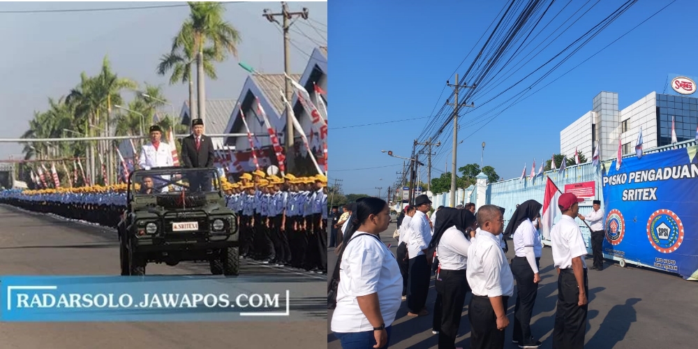 Upacara HUT RI di Sritex digelar secara meriah pada 2020. Foto kanan, upacara HUT RI di Sritex pada 2025.