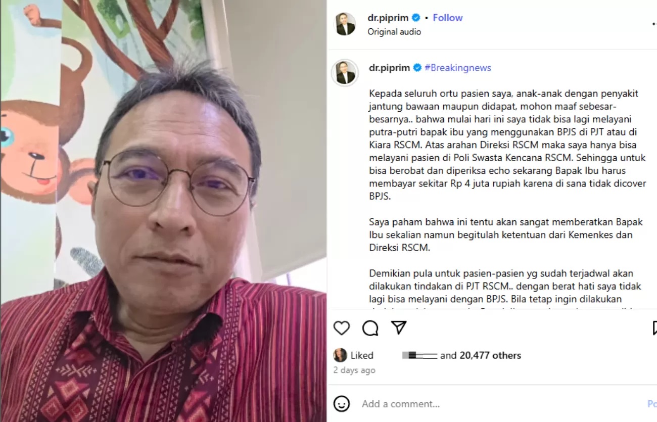 Dokter Piprim tak lagi layani pasien BPJS di RSCM. Kini hanya praktik di Poli Kencana dengan biaya Rp4 juta, imbas polemik dengan Kemenkes.