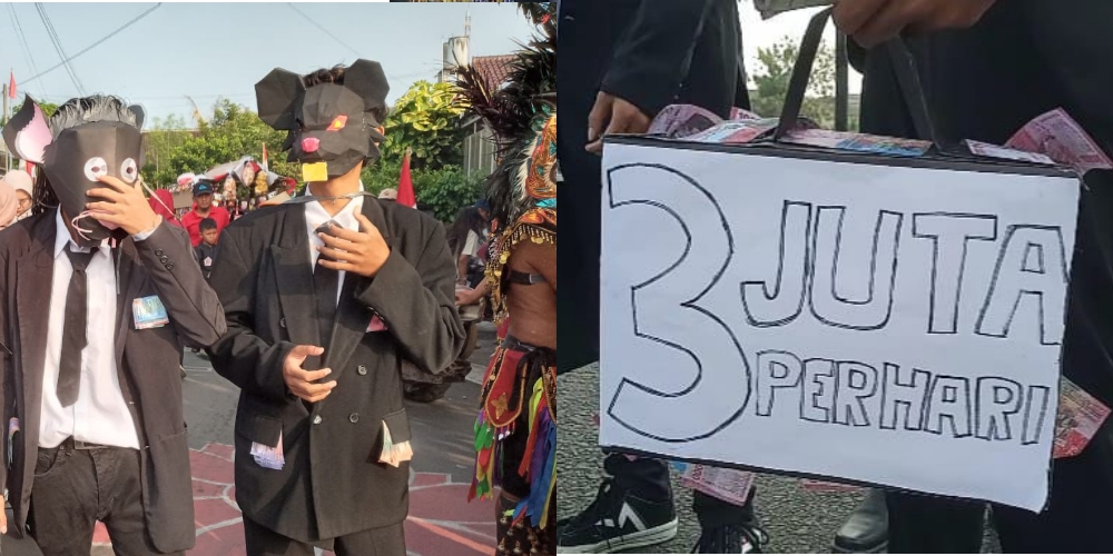 Kostum unik pada karnaval di Dukuh Silem, Desa Kadireso, Kecamatan Teras, Boyolali, Minggu (24/8/2025).