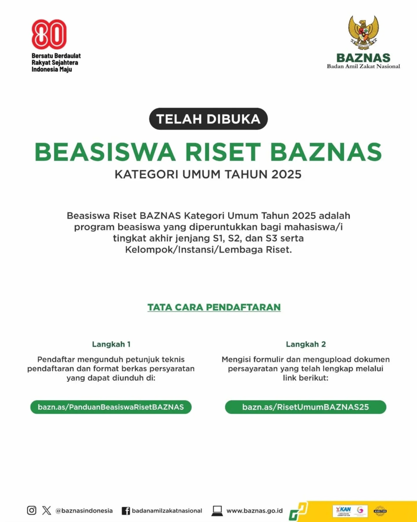 Beasiswa Riset BAZNAS 2025 terbuka untuk mahasiswa & lembaga riset. Dapatkan dana, pembinaan, & kesempatan publikasi.