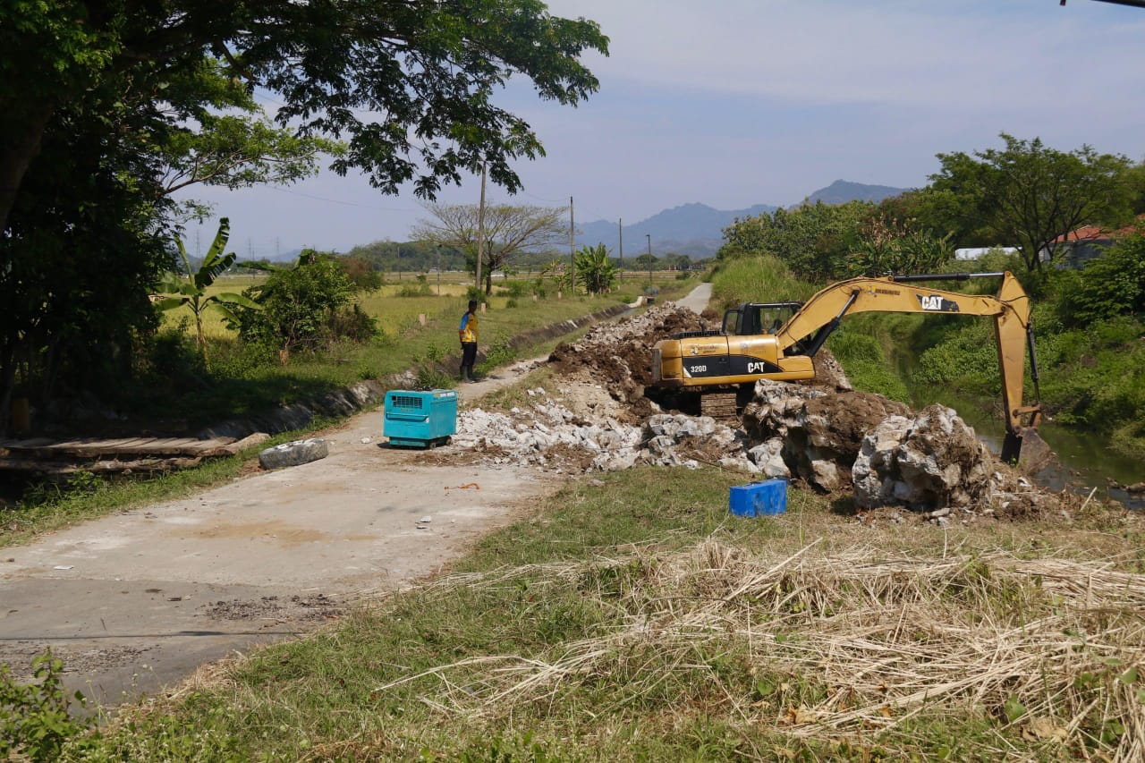 Alat berat diterjunkan dalam normalisasi Sungai Bengawan Solo dengan pengerukan sedimentasi di Desa Pojok, Kecamatan Tawangsari, Sukoharjo, Rabu (27/8).
