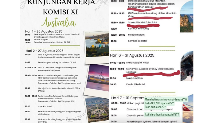 Itinerary kunker Komisi XI DPR RI ke Sydney, Australia, yang beredar dan viral di medsos.