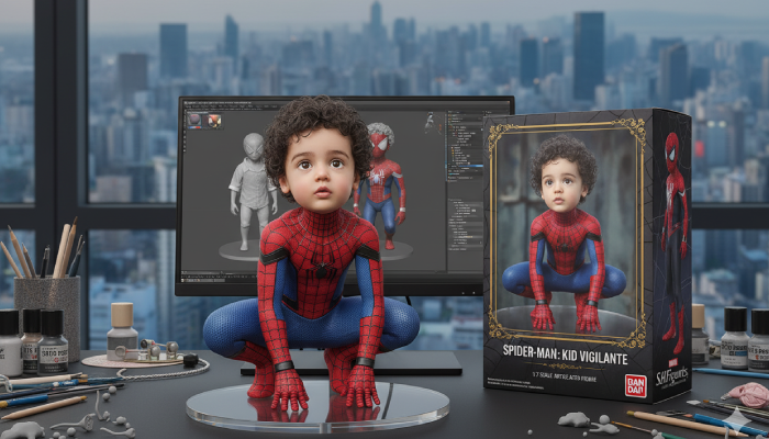 Foto AI anak ala action figure superhero.