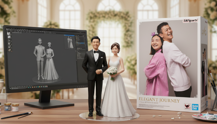 Foto AI miniatur bareng pasangan ala wedding couple yang lucu dan romantis.