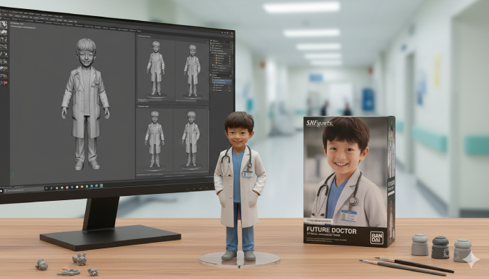 Bikin foto AI miniatur anak pakai pakain baju dokter dengan Google Gemini.