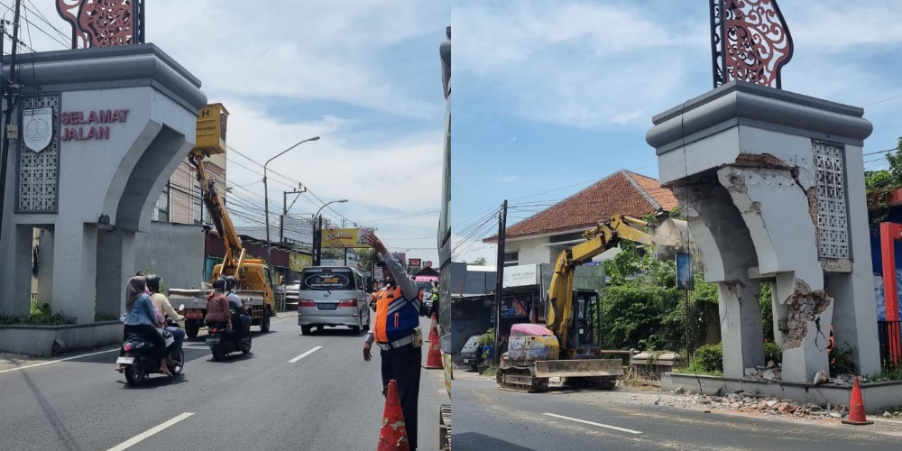 Proses perobohan gapura batas kota di Kartasura yang mengarah ke Colomadu, Karanganyar, atau menuju Bandara Adi Soemarmo, Sabtu (6/9/2025).