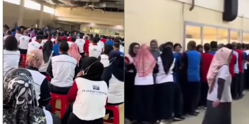 Tangkapan layar para pekerja mengenakan t-shirt berlogo PT Gudang Garam saling berpamitan.