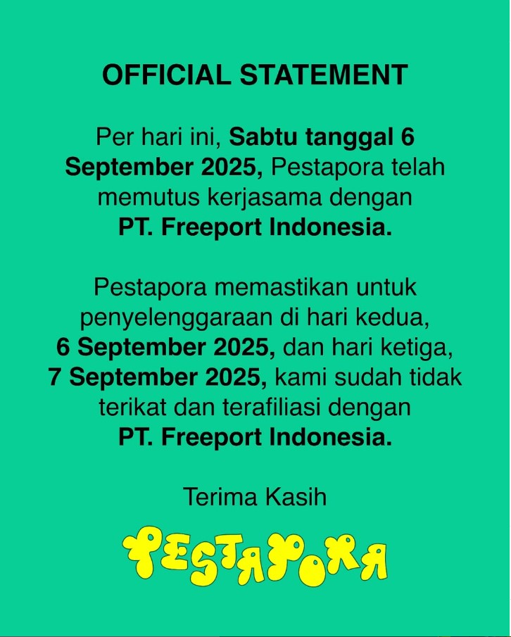 Unggahan akun resmi Instagram Pestapora terkait penghentian kerja sama  dengan Freeport Indonesia.