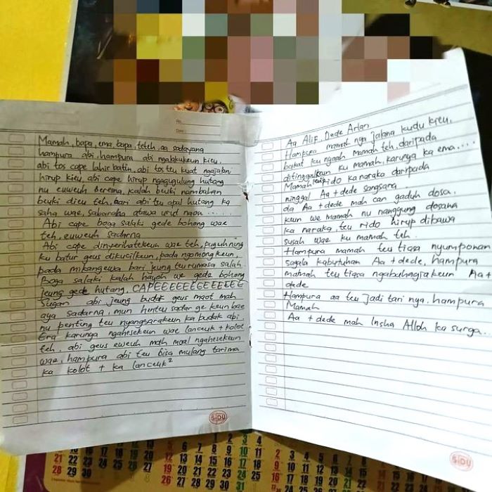 Surat wasiat yang dibuat EN, ibu rumah tangga di Kabupaten Bandung, Jabar sebelum mengakhiri hidup.
