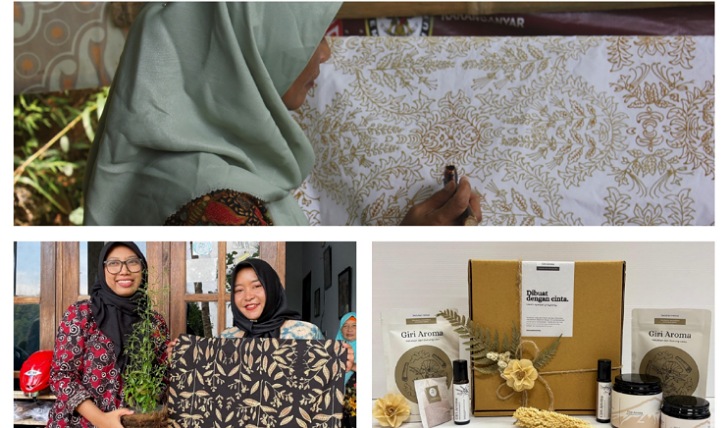 Searah jarum jam: proses mencanting batik motif kumis kucing, produk aromaterapi hasil pelatihan dikemas dalam hampers, salah satu motif batik yang dikembangkan bermotif tanaman Sambiloto.
