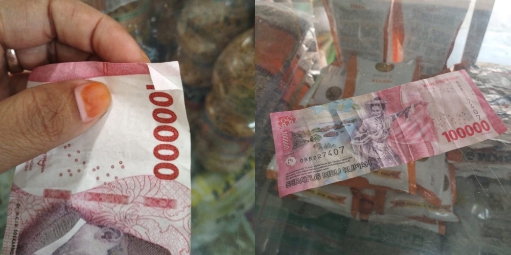 Uang palsu yang digunakan untuk berbelanja di toko Desa Senting, Sambi, Boyolali dan diunggah ke media sosial.