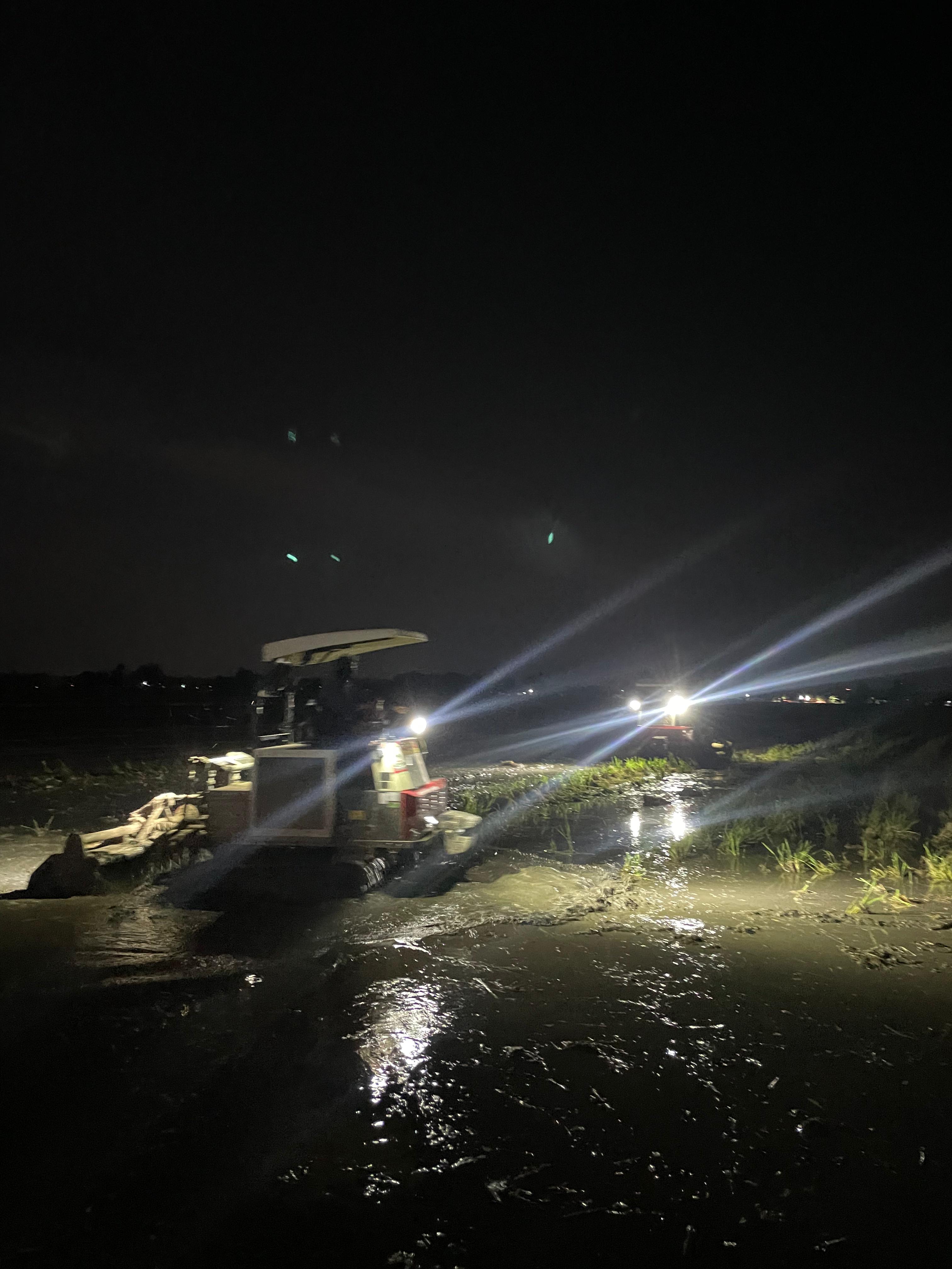 Pengolahan sawah di Sukoharjo hingga larut malam.
