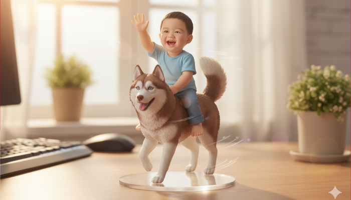 Foto AI miniatur bergerak anak digendong di punggung anabul.