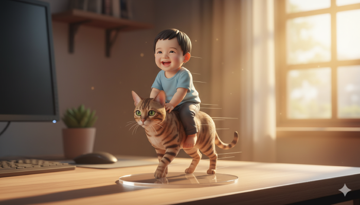 Foto miniatur AI bergerak anak digendong di punggung kucing.