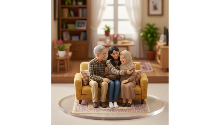 Foto AI miniatur bersama orang tua.