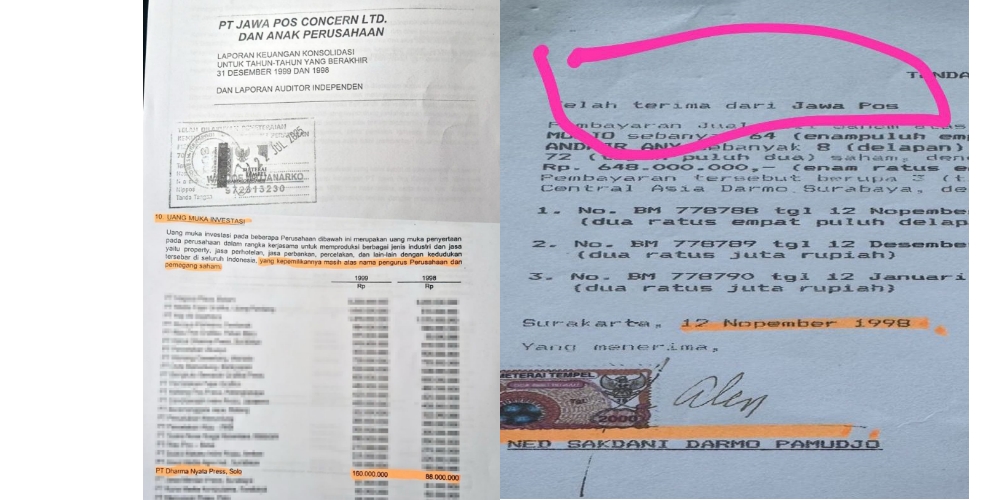 Foto kiri, bukti laporan keuangan terkait uang muka investasi Jawa Pos di PT Dharma Nyata Press dan Bukti tanda terima dari Jawa Pos terkait pembelian saham di PT Dharma Nyata Press.