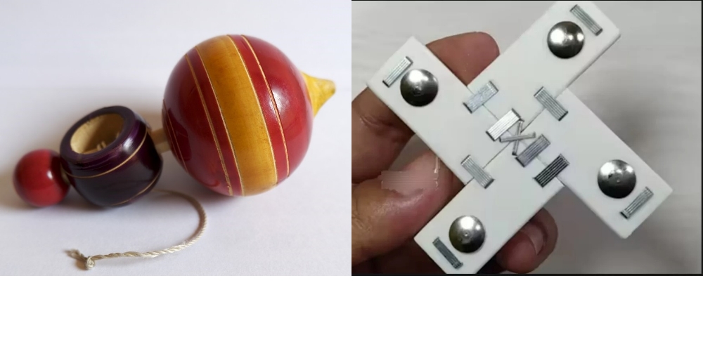 Foto kiri gasing berbahan kayu. Foto kanan, penghapus pensil yang dikaitkan pakai staples dan paku payung.