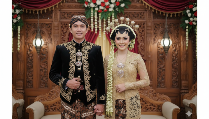 Foto pernikahan adat Jawa dibuat dengan Gemini AI.