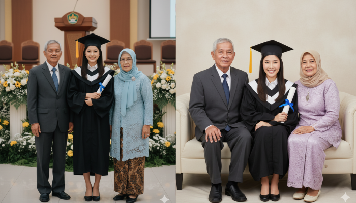 Edit foto wisuda bersama orang tua yang telah tiada dengan Gemini AI.