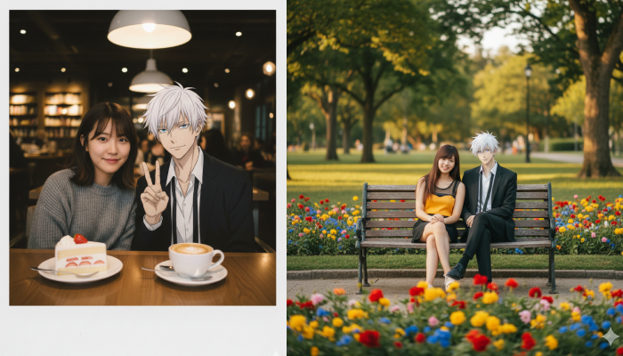 Beragam gaya foto bareng karakter anime favorit dengan Gemini AI.