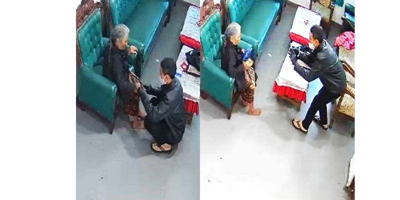 Pelaku saat melucuti perhiasan milik Welas Karto. Foto kanan, berpura-pura memotret menggunakan handphone.