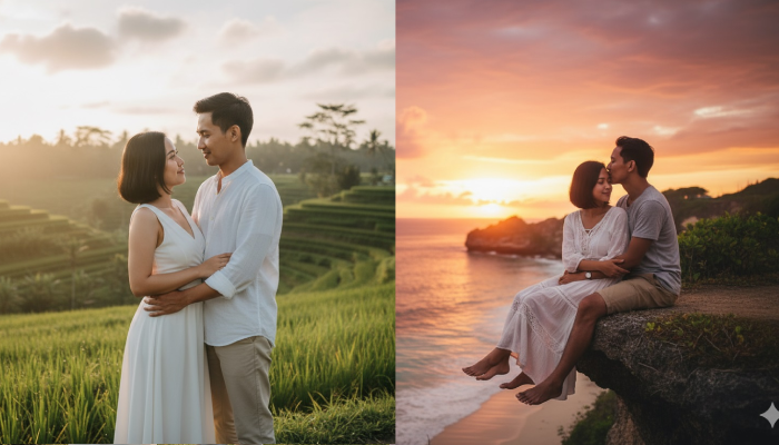 Foto-foto romantis dengan latar belakang tempat wisata di Bali bisa dibuat dengan Googe Gemini.