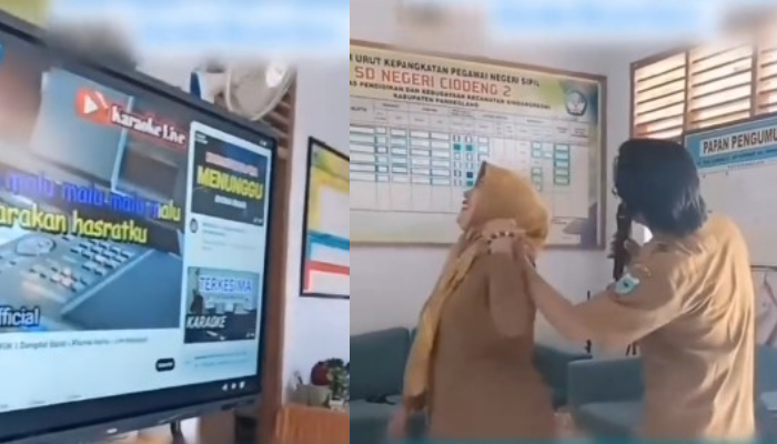 Viral video kepsek dan guru SD di Pandeglang, Banten asyik karaoke mesra di sekolah.
