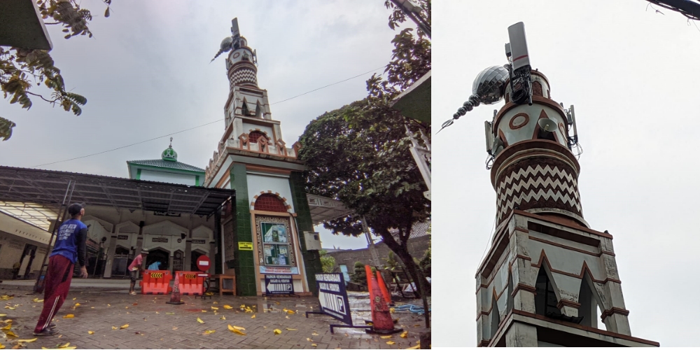 Kubah menara Masjid Al-Hidayah di depan STC Pringgodani juga mengalami kerusakan akibat puting beliung, Selasa (30/9/2025).