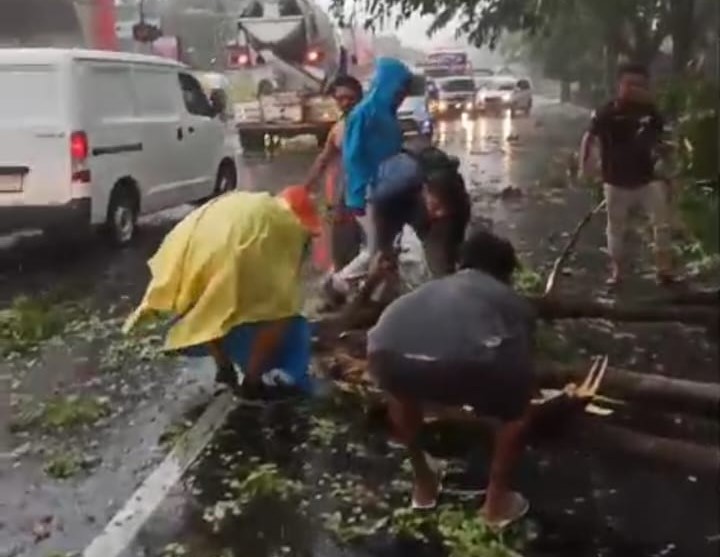 Evakuasi pohon tumbang di depan RS Mulia Hati Wonogiri sekira pukul 13.00.