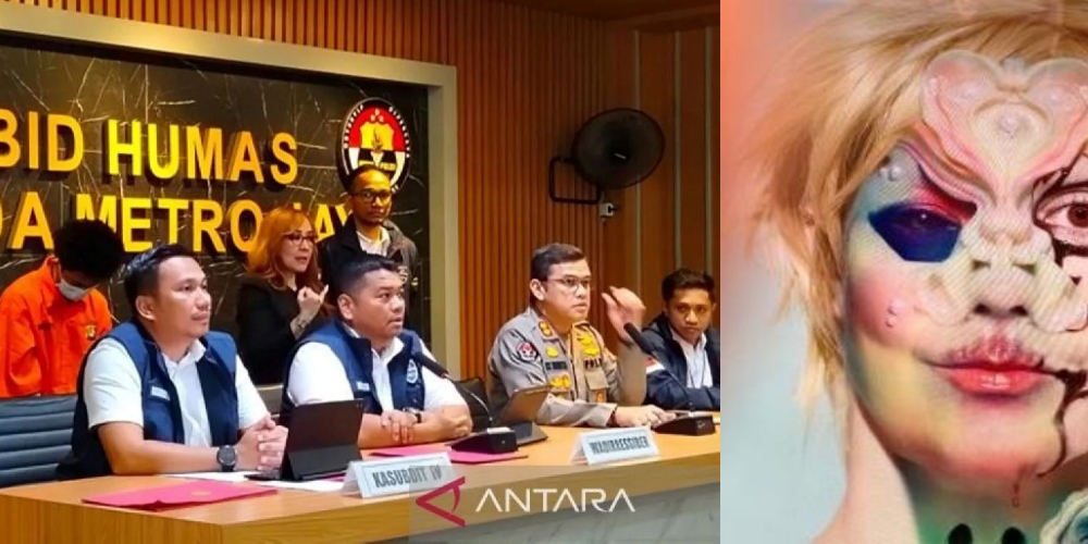 Pers rilis penangakapn WFT alias Bjorka di Polda Metro Jaya, foto kiri ilustrasi hacker Bjorka.