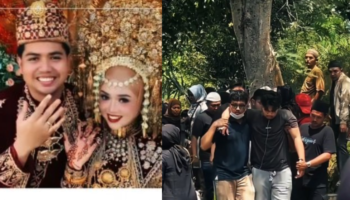 Kondisi Gilang yang masih memakai selang oksigen (kanan), hadiri pemakaman istrinya Cindy yang meninggal diduga keracunan gas water heater.