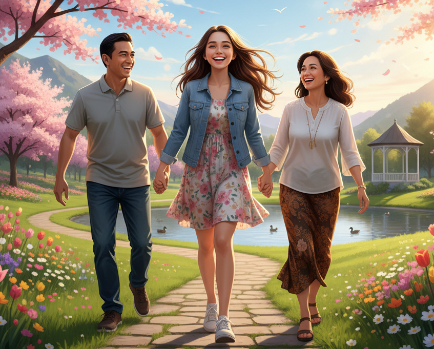 Ilustrasi anak perempuan bersama ayah dan ibunya.