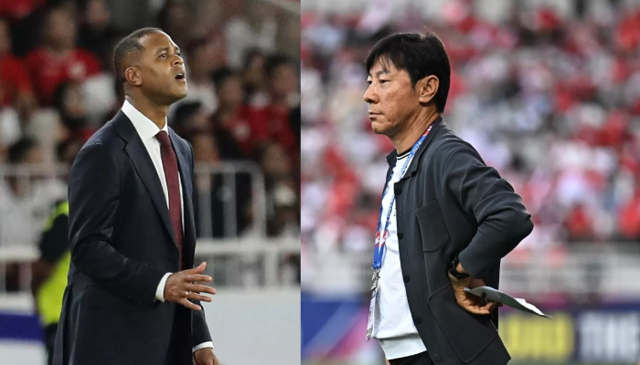 Pelatih Kepala Timnas Indonesia Patrick Kluivert (kiri) dan eks Pelatih Timnas Shin Tae Yong.