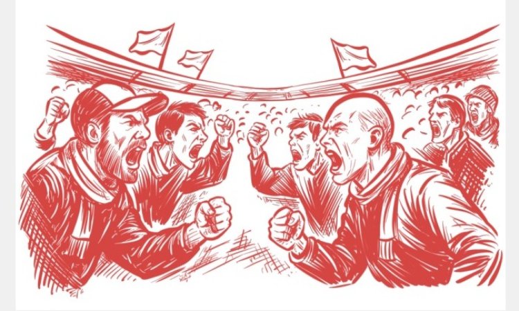 ilustrasi keributandalam pertandingan sepak bola.