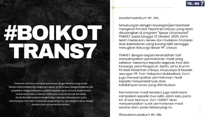 Gerakan #BoikotTrans7 dan permintaan maaf Trans7 usai program Xpose Uncensored hina Ponpes Lirboyo.