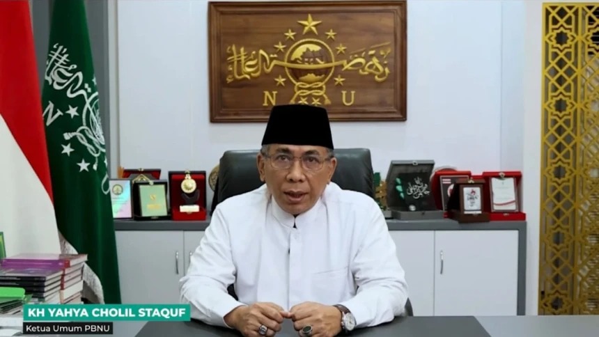 Ketua Umum PBNU KH Yahya Cholil Staquf di Kantor PBNU, Jakarta, Selasa (14/10/2025).