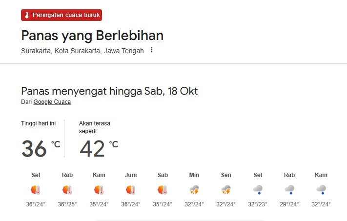 Merujuk informasi suhu di Google, suhu di kawasan Kota Solo mencapai 36 derajat celcius.