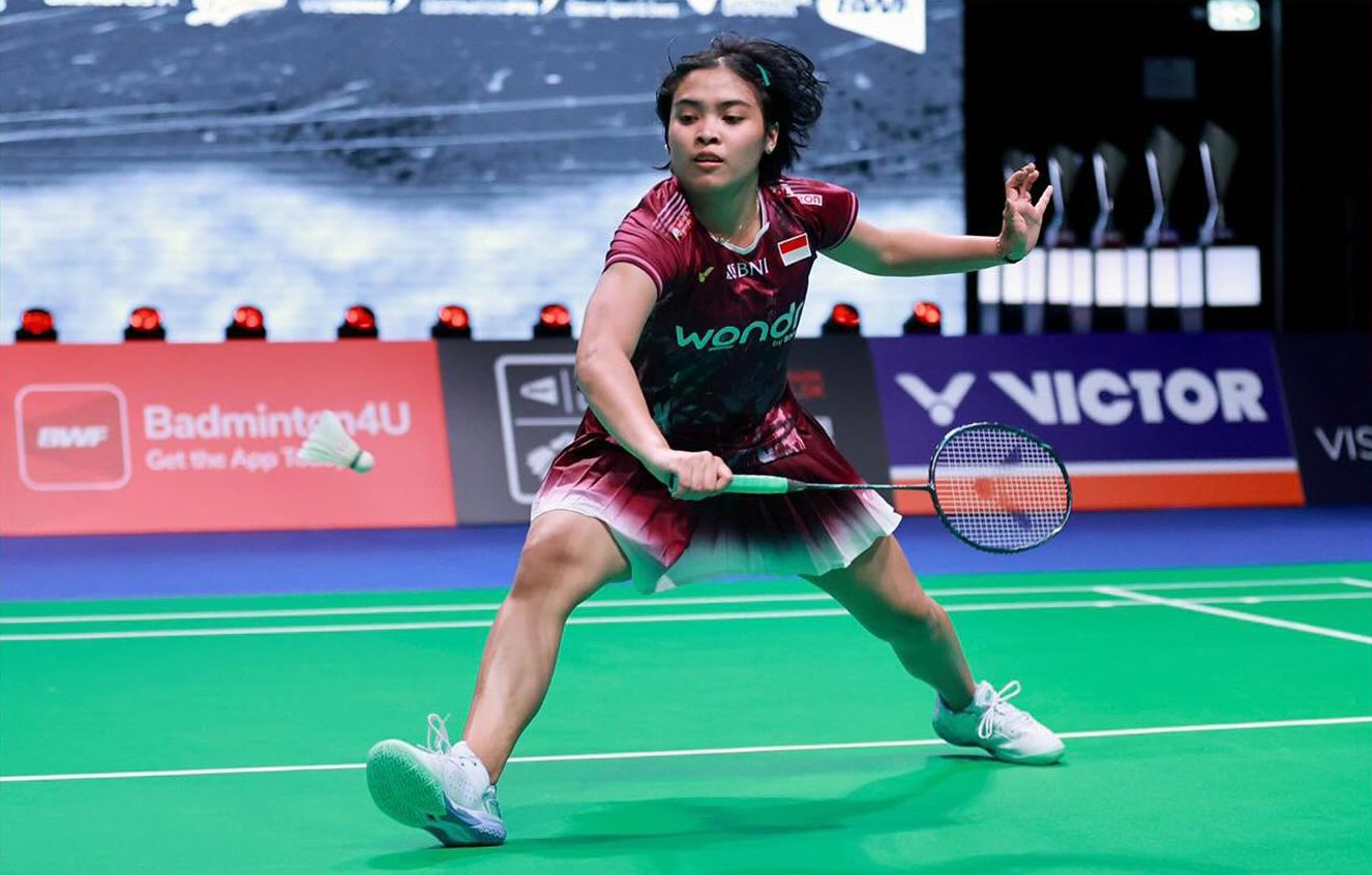 Pebulu tangkis andalan Indonesia Gregoria Mariska saat terjun di Denmark Open.