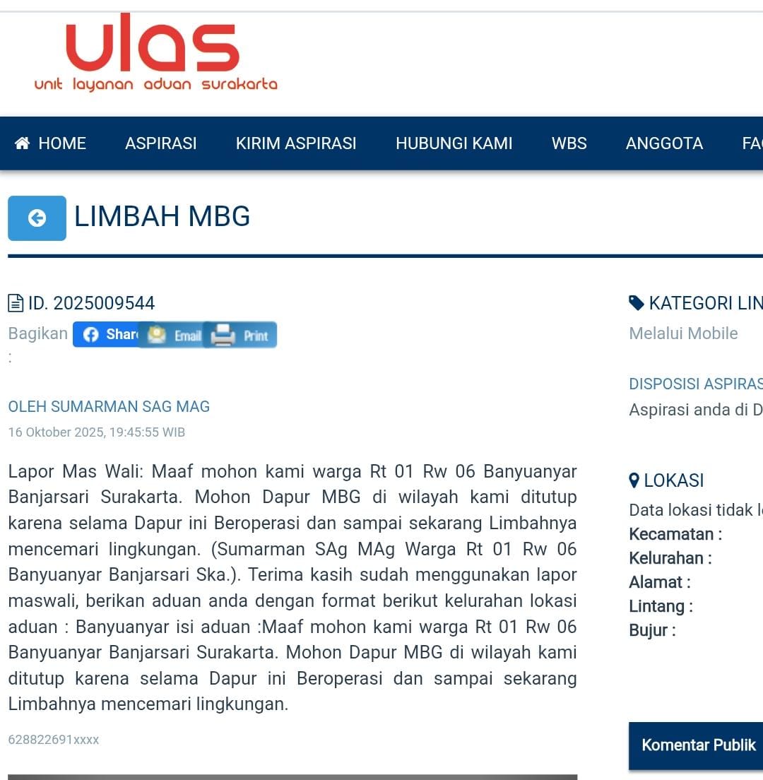 Laporan warga yang disampaikan lewat ULAS terkait dugaan pencemaran lingkungan di Kelurahan Banyuanyar akibat aktivitas SPPG.