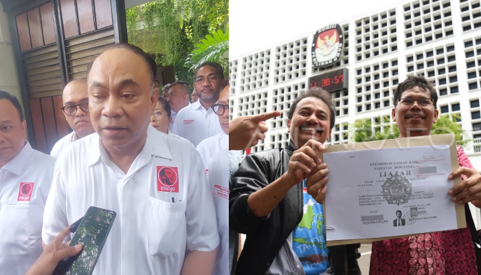 Ketua Umum Projo Budi Arie Setiadi usai melihat ijazah Jokowi versi asli (kiri). Roy Suryo yang mendapat salinan ijazah Jokowi dari KPU.