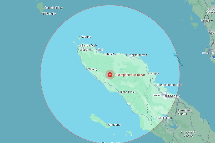 Gempa magnitudo 5,0 guncang timur laut Nagan Raya, Aceh, Sabtu siang. BMKG pastikan tak berpotensi tsunami.