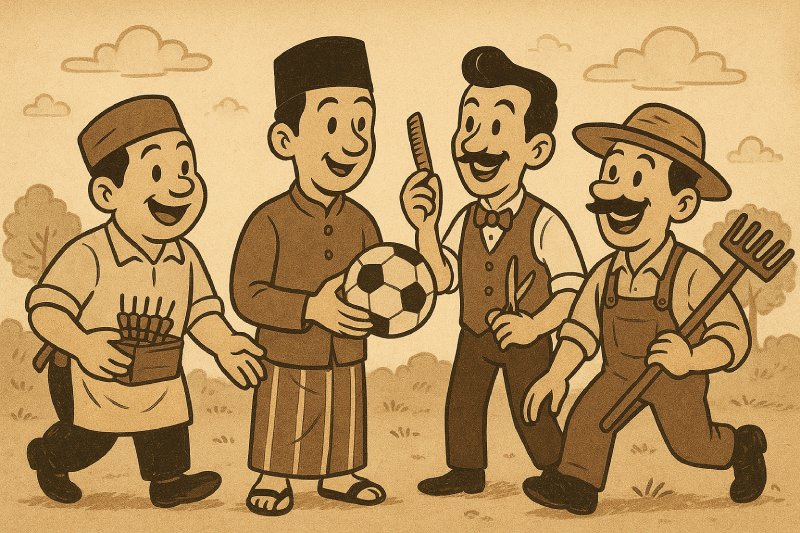 ilustrasi seseorang tengah mengajah penjual sate, tukang kebun dan pemotong rambut untuk bermain bola.
