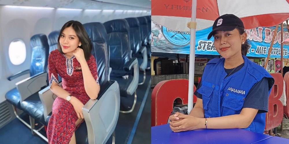 Foto kiri, Verena Ayu Fia Septiana saat masih menjadi pramugari. Foto kanan, saat buka usaha jualan kopi keliling.